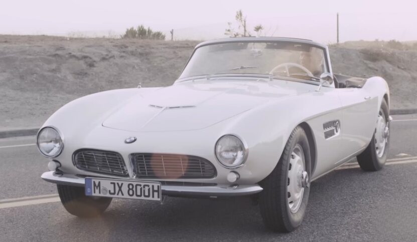 A vintage BMW 507 roadster painted in white