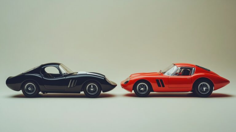 A black and a red classic sports car model positioned nose-to-nose against a neutral background
