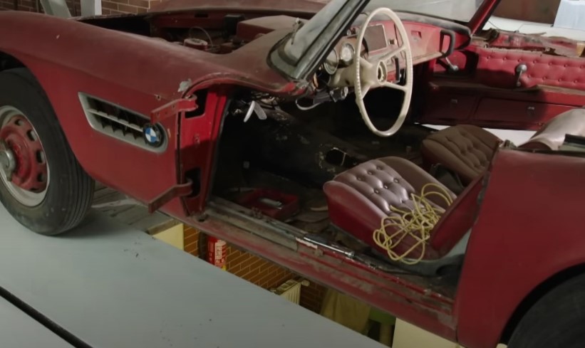 A vintage BMW 507, disassembled for restoration