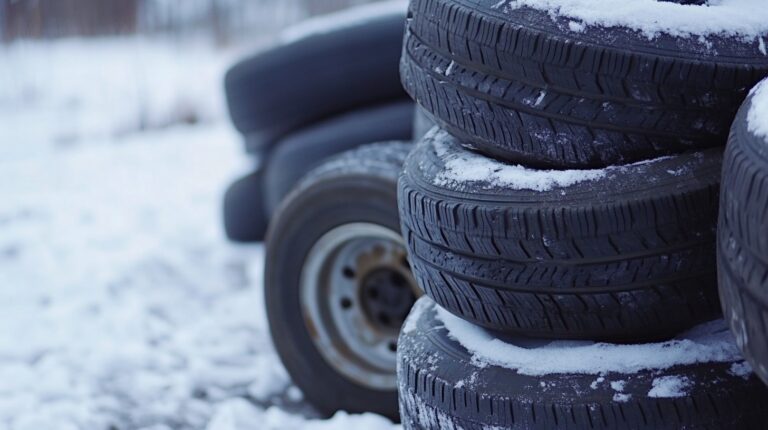 Stacked car tires covered with snow, placed outdoors in a snowy environment