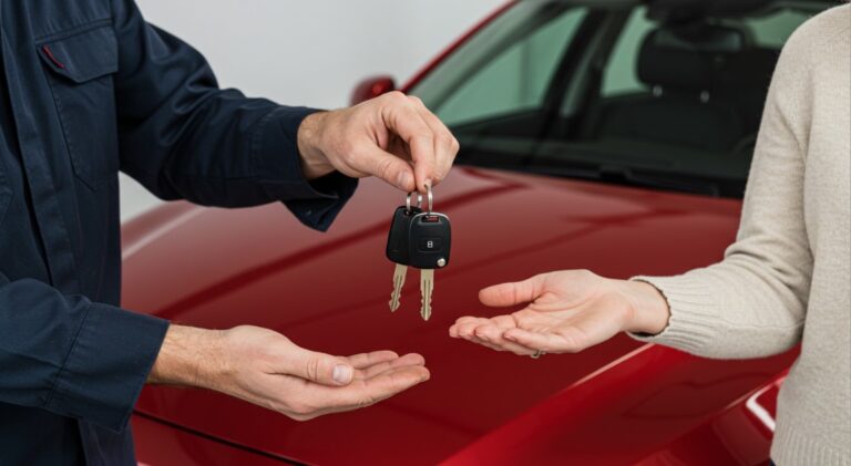 A man handles car keys to a new owner