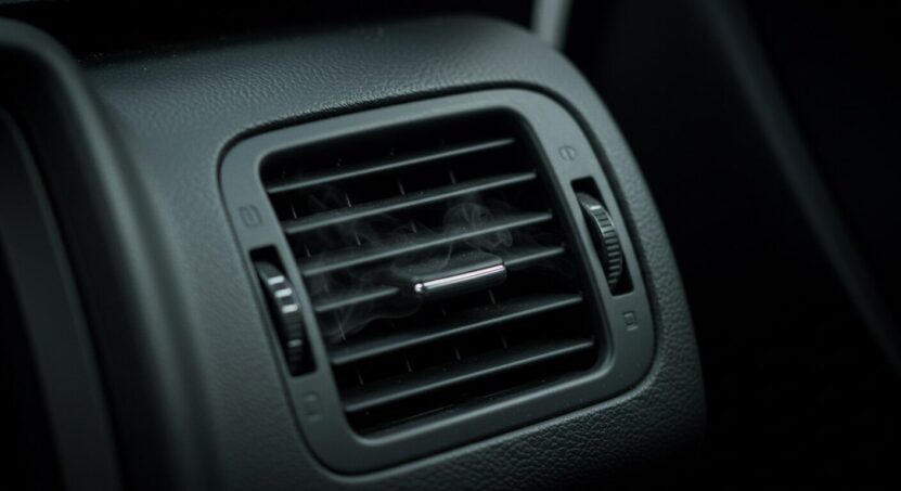 Close-up of a car's air vent, showing subtle smoke emanating from it