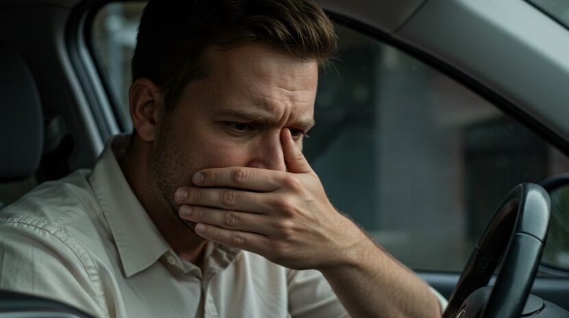 A man sits in his car, overwhelmed by a strong smell