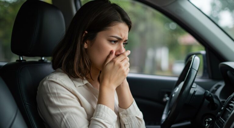 A woman sits in a car, her hands covering her mouth in distress