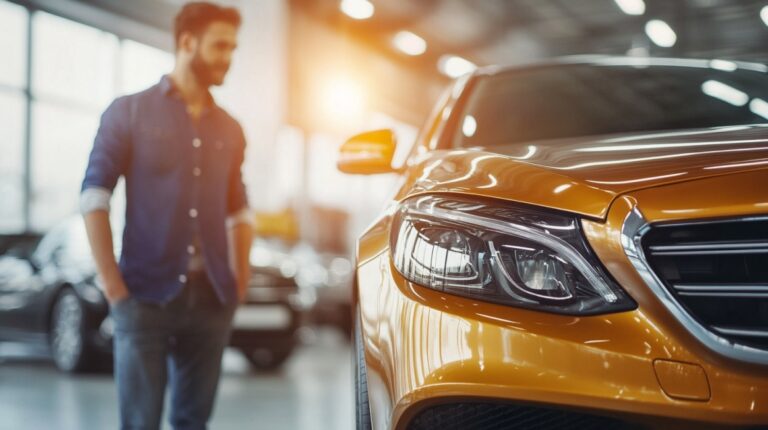 Man standing in a car dealership, looking at a shiny orange car