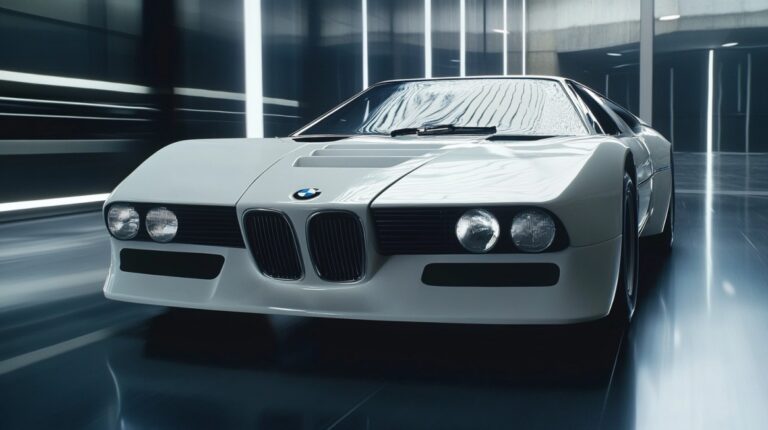 Front view of a sleek, retro-styled BMW sports car in a modern, illuminated showroom