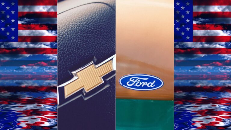 Contrasting car emblems, Ford and Chevrolet, set against a stylized American flag design