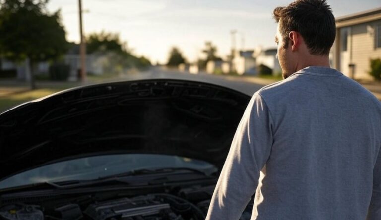 A man stands beside his car, hood open, facing the problem ahead