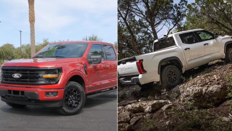 Red Ford F-150 and a white Toyota Tacoma TRD Pro