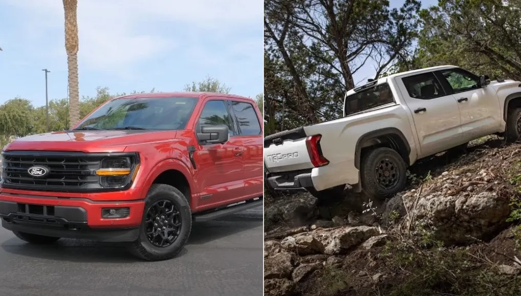 Red Ford F-150 and a white Toyota Tacoma TRD Pro