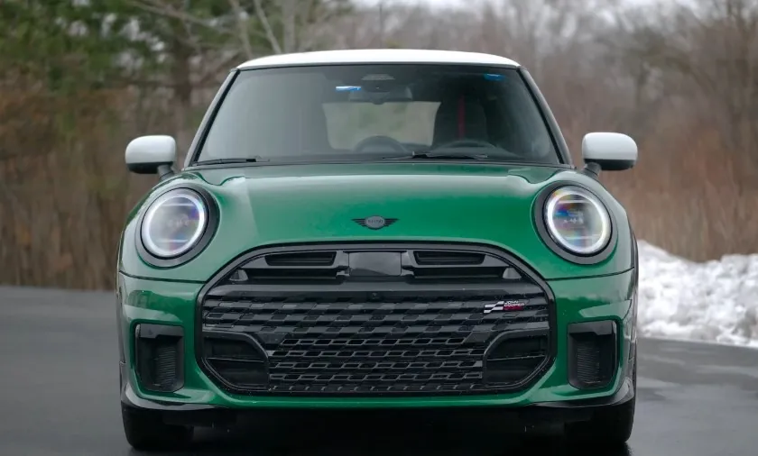 A striking front view of a modern Mini Cooper