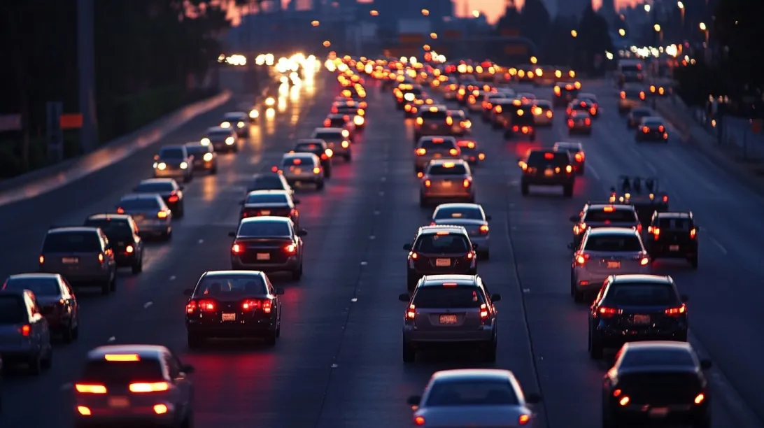 Evening traffic jam on a multi-lane highway filled with cars and illuminated brake lights