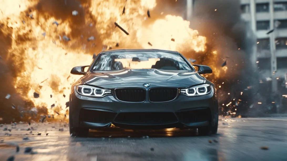 Front view of a BMW speeding away from a fiery explosion in an urban setting, resembling an action movie scene