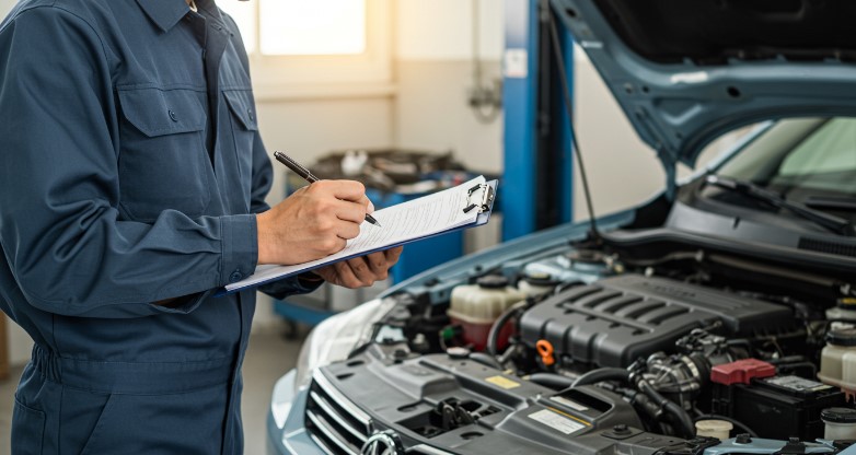Close-up of a technician documenting car inspection details