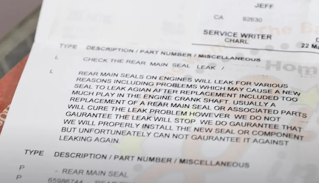 Rear main seal replacement details, including potential causes of future leaks
