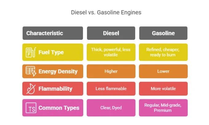 A table comparing main characteristics of diesel and gasoline engines