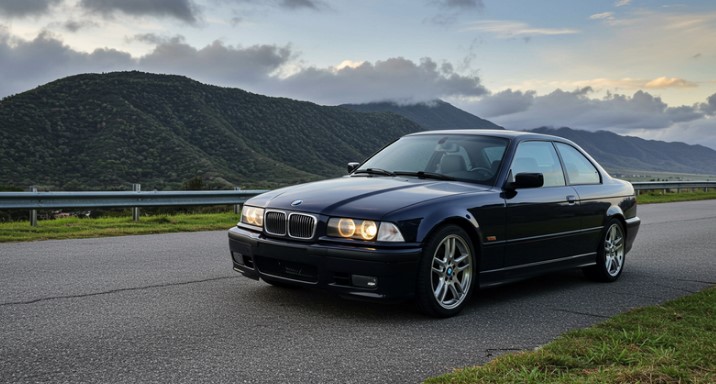 A dark blue BMW coupe, poised on a highway, against a backdrop of rolling hills