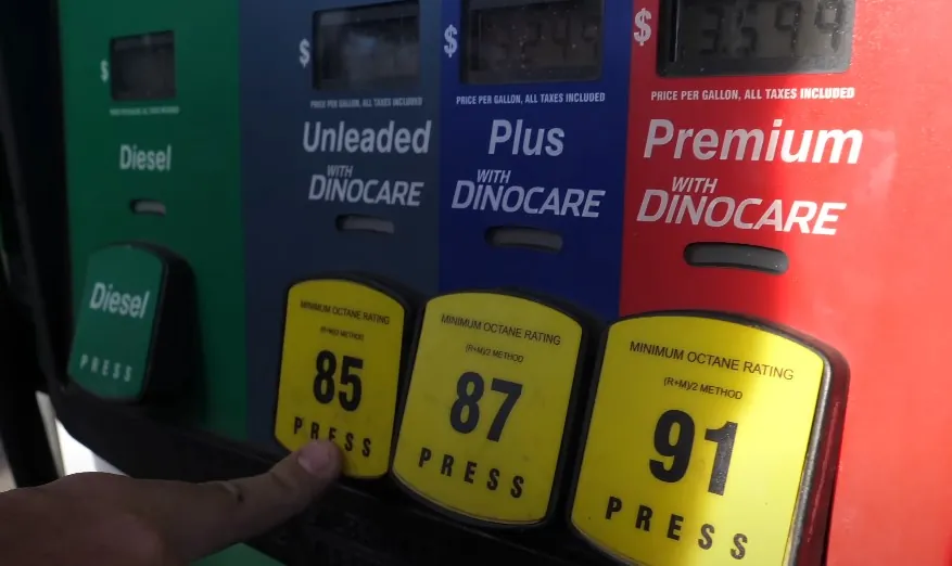 Close-up of a gas pump, highlighting the different fuel options available
