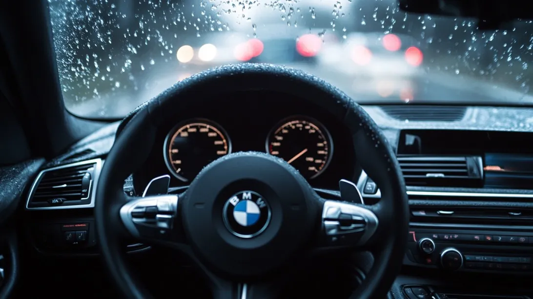View from behind the steering wheel of a BMW on a rainy day, with water droplets on the windshield