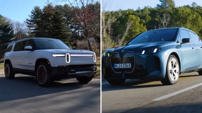 Rivian R1S and BMW iX in a split screen