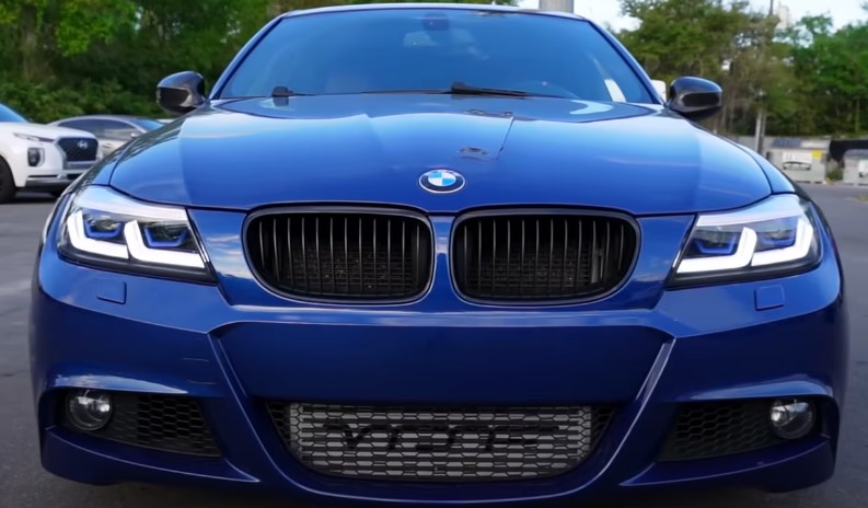 Close-up of a modern BMW's front grille and headlights