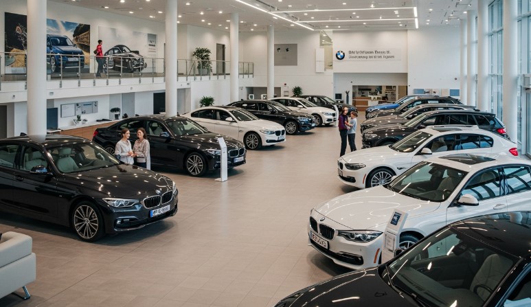A wide selection of BMWs showcased in a modern dealership
