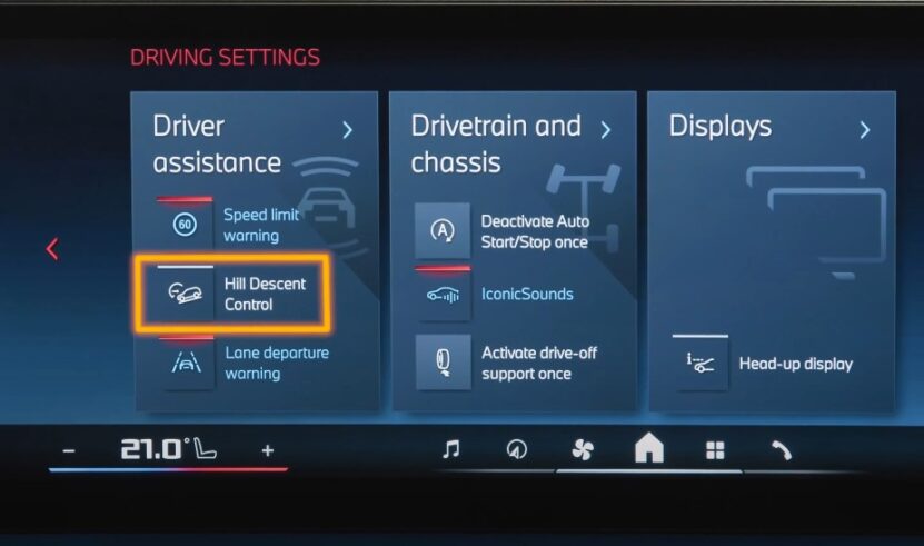 A Hill Descent Control system turned on, on a BMW's display