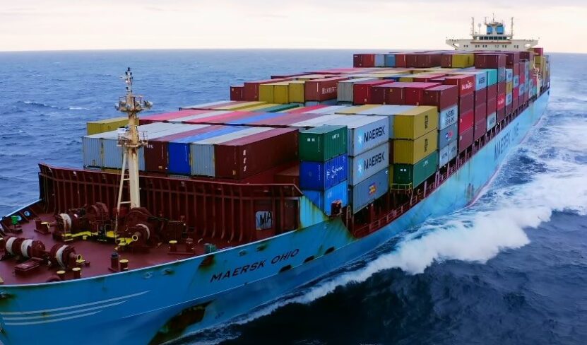 Massive cargo ship navigating the open ocean