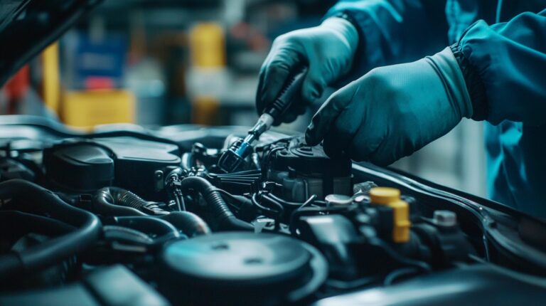 Mechanic wearing gloves using a ratchet to work on a car engine in an auto repair shop
