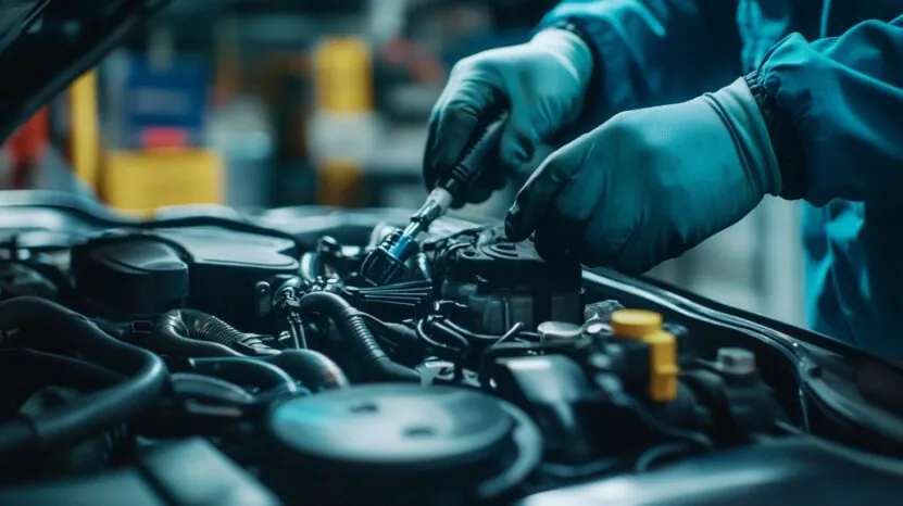 Mechanic wearing gloves using a ratchet to work on a car engine in an auto repair shop