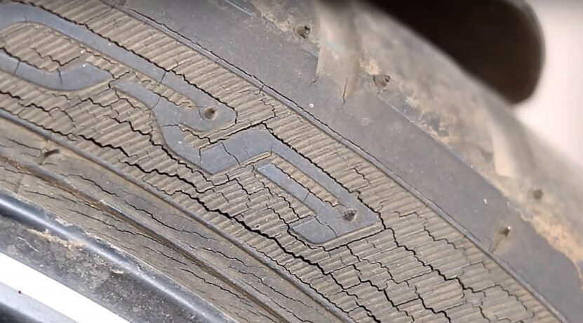 Severely cracked sidewall on worn run flat tires