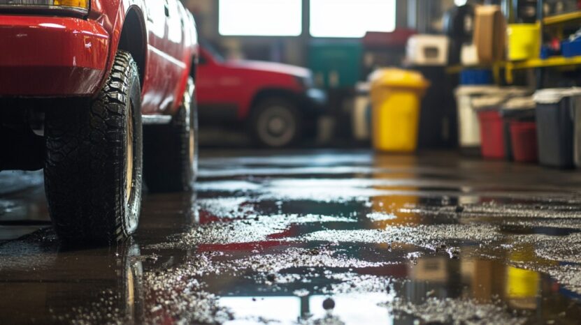 Close-up of a truck tire in an auto garage with reflections of oil or fluid on the wet shop floor