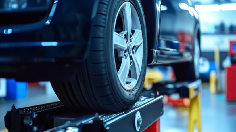 Close-up of a car tire on an alignment machine in an auto service garage