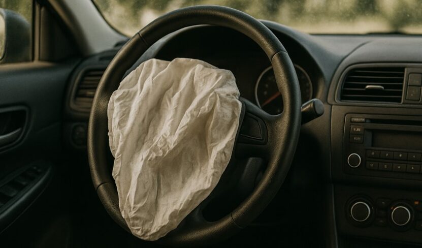 Deployed airbag, covering the steering wheel