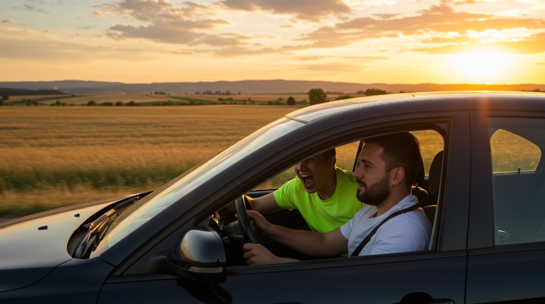 Two men in a car, arguing passionately during a scenic drive at sunset
