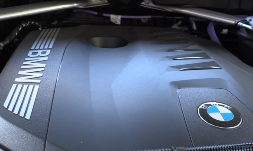 Close-up view of a BMW engine cover
