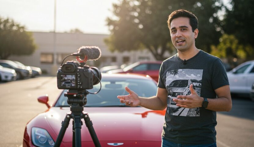 A content creator filming a car review outdoors
