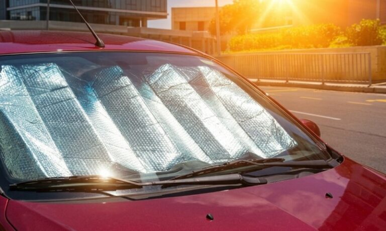 A red car with a reflective sunshade on the windshield is parked on a sunny street