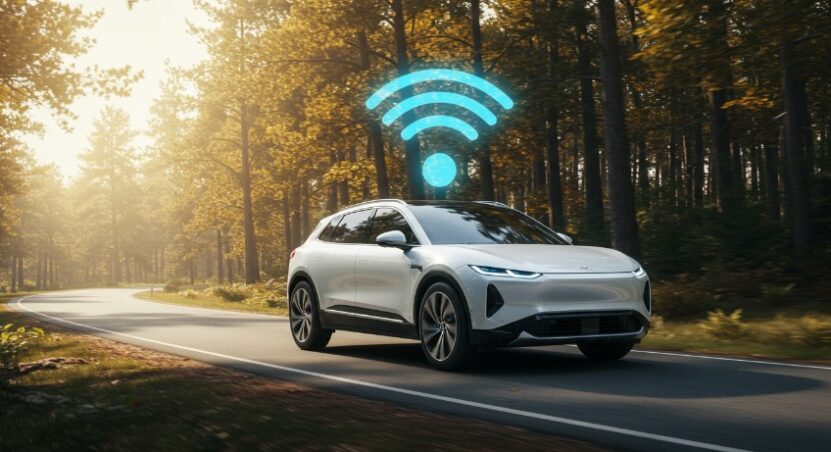 A white SUV navigates a winding road through a forest, showcasing a clear Wi-Fi signal