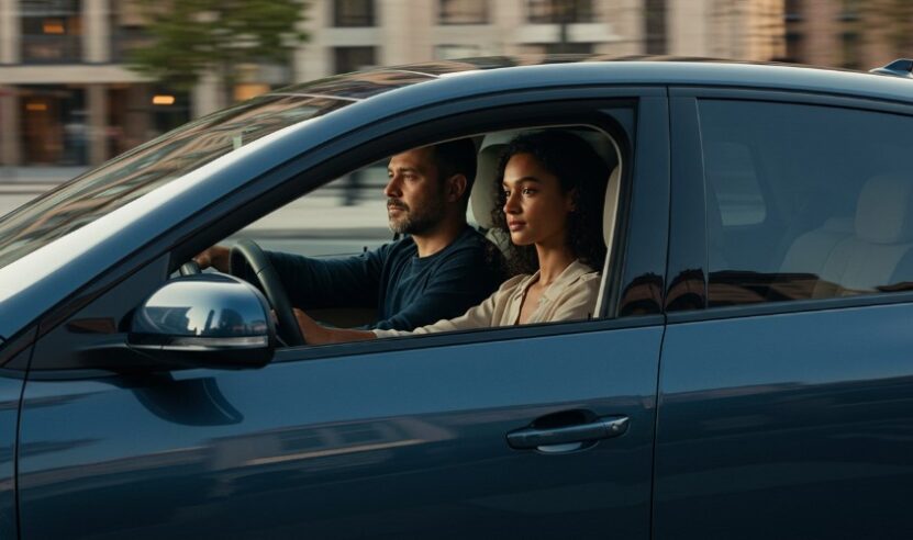 A couple navigates city streets in a modern electric vehicle
