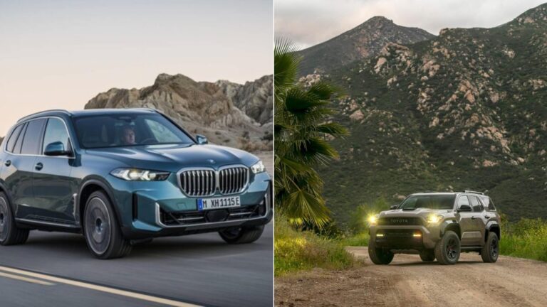 A sleek, teal-colored BMW SUV navigates a paved road, contrasted against a rugged off-road Toyota SUV on a dirt track