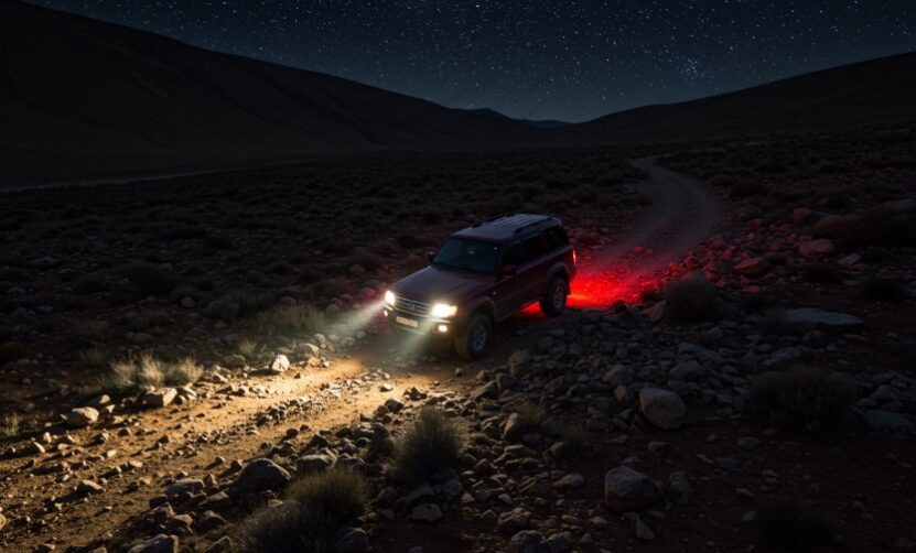 A jeep navigating through a vast desert landscape under a starry night sky