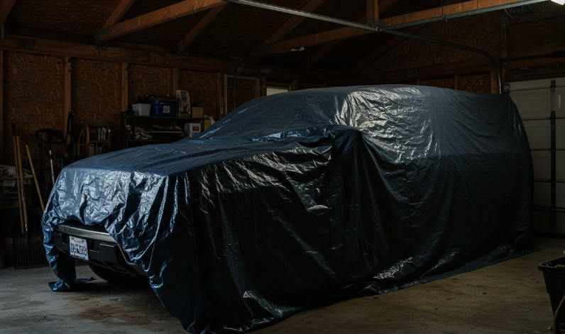 A vehicle, shrouded in a dark tarp, rests in a garage