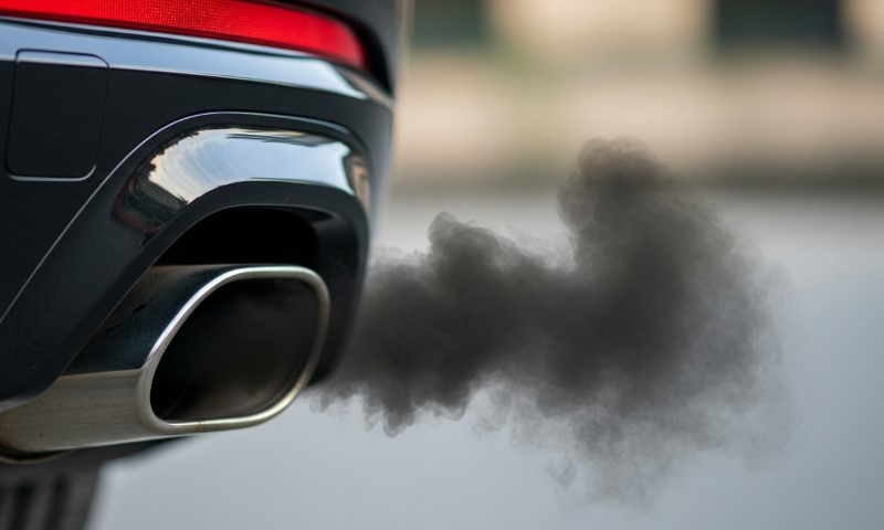 Black exhaust smoke billows heavily from a chrome car tailpipe