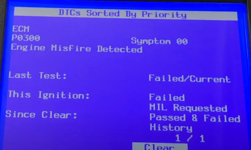 Diagnostic Trouble Code (DTC) P0300 displayed, indicating an Engine Misfire Detected on the ECM