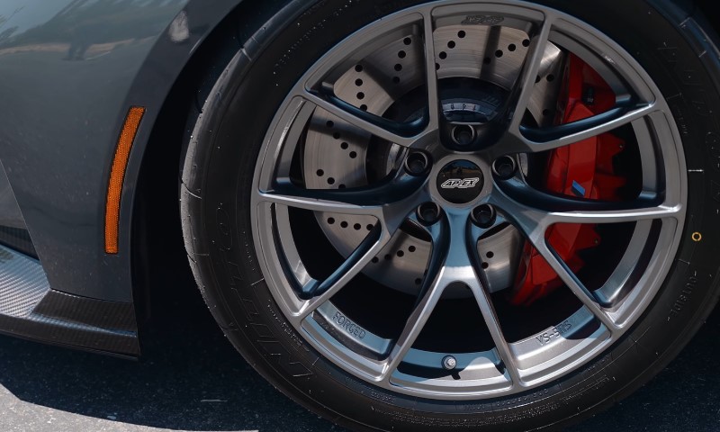 Close up view of BMW M3 front left wheel