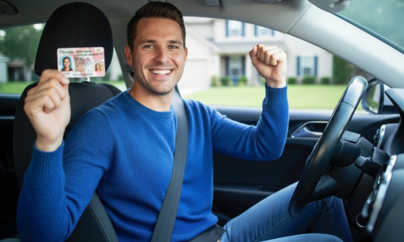 A man in a blue sweater sits in a car, holding up a driver's license with a joyful expression