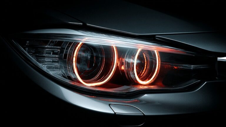 Detail shot of a car headlight with glowing circular LED elements