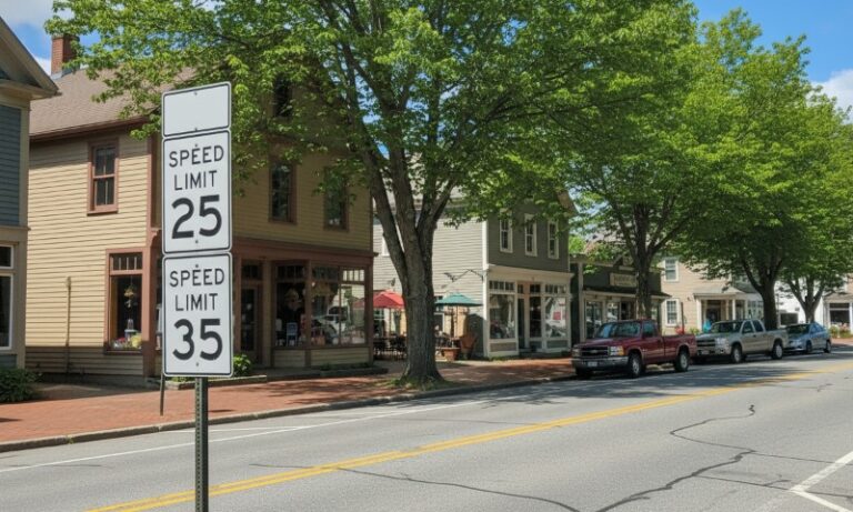 Street scene in a small town with trees and shops. Speed limit signs show 25 and 35 mph