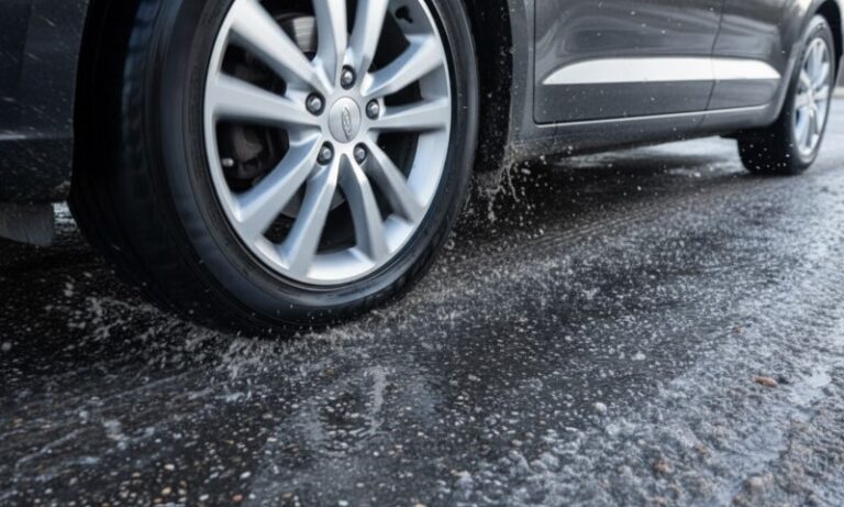 Close-up of a car tire navigating a wet, icy road, splashing water